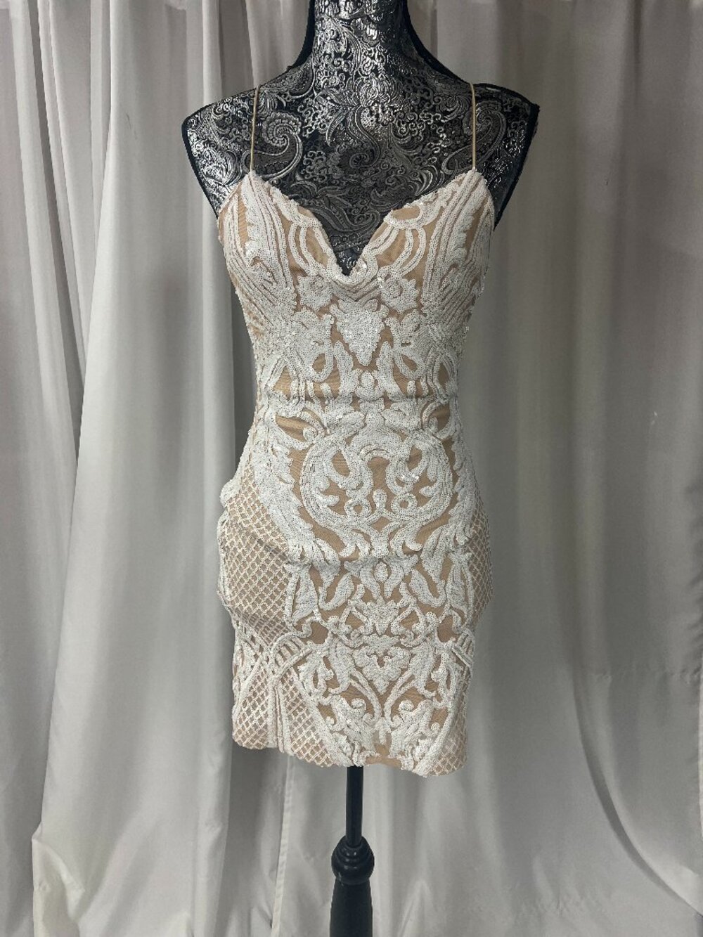 B. Darlin Juniors' Sequined Bodycon Mini Dress Nude White bridal shower